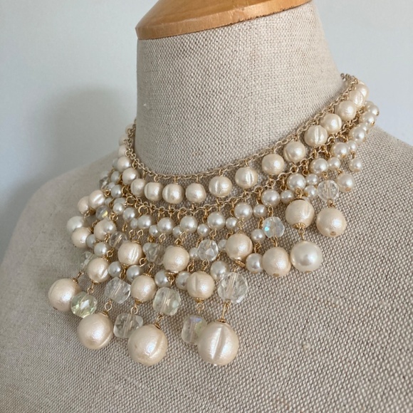 1970s Cotton Pearl Bib Necklace, Vintage Faux Pearl Multi Tier Necklace - Picture 4 of 7